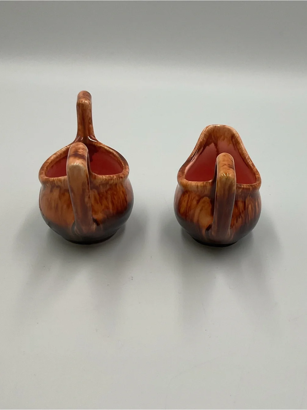 Retro Vintage Brown Drip Glaze Cream & Sugar Set Cat Eyes MCM Signed Pottery